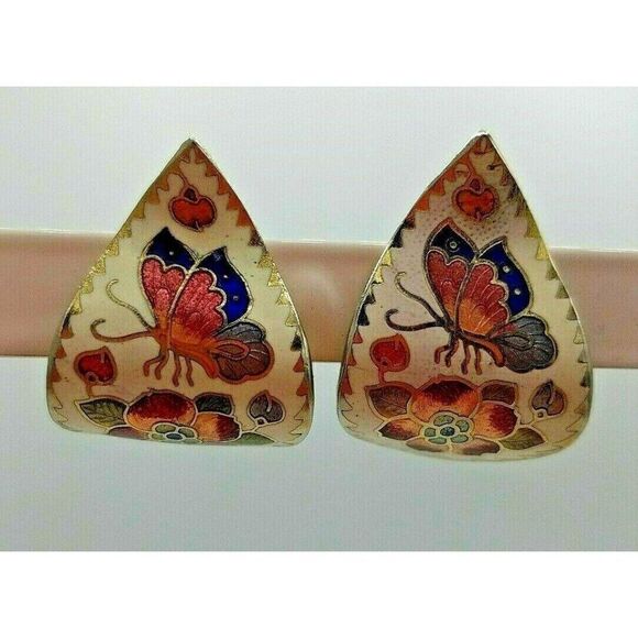 Cloisonne Earrings Clip-On Butterfly Flower - Picture 2 of 4